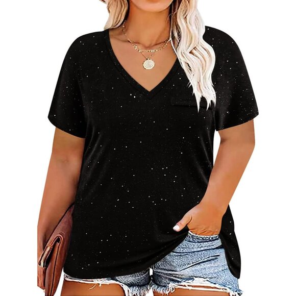 Plus Size Womens Summer V-Neck Tops Short Sleeve Glitter Casual T-Shirt - Picture 1 of 4